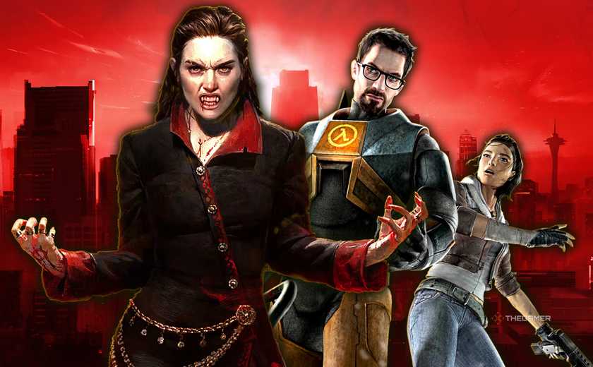 Split image shows a vampire from the Vampire: The Masquerade series and Gordon and Alyx from the art for Half-Life 2.