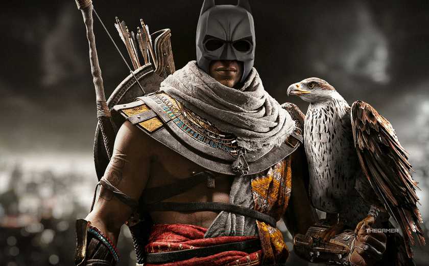 Bayek from Assassins Creed Origins wearing a Batman cowl over Arkham's Gotham.